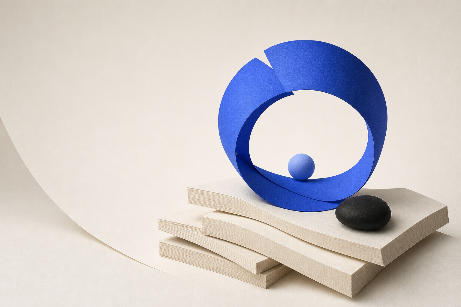 Abstract cobalt paper sculpture resting on layered cream paper