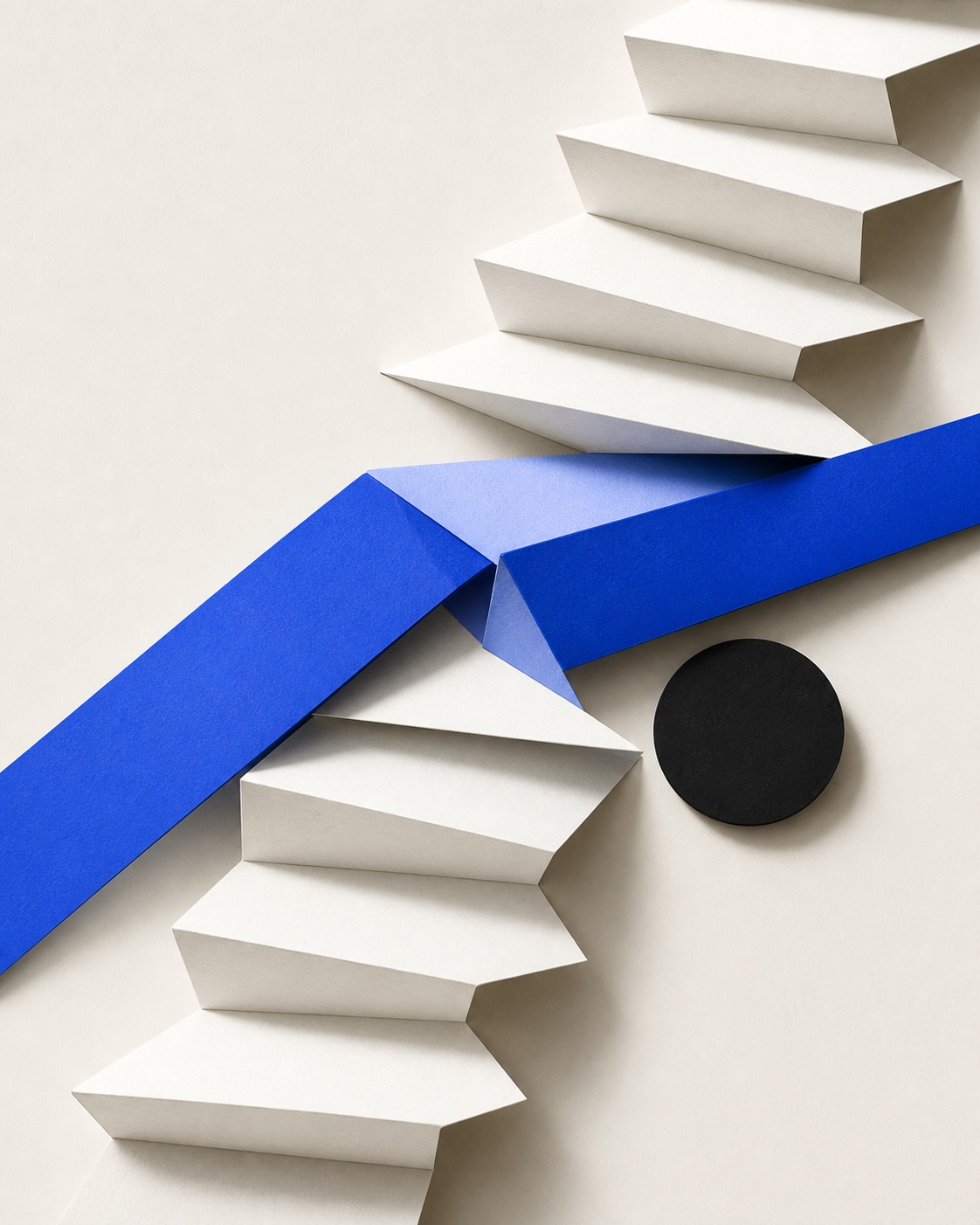 Abstract cobalt strip redirecting a staircase of white paper planes